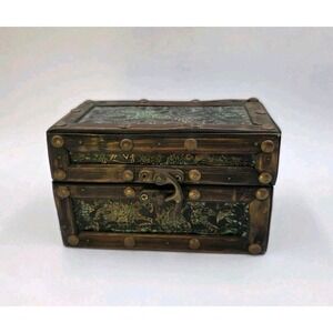 VTG Wood Trinket Jewelry Box Floral Tin Overlay Lid Rustic Hinged 5.5"